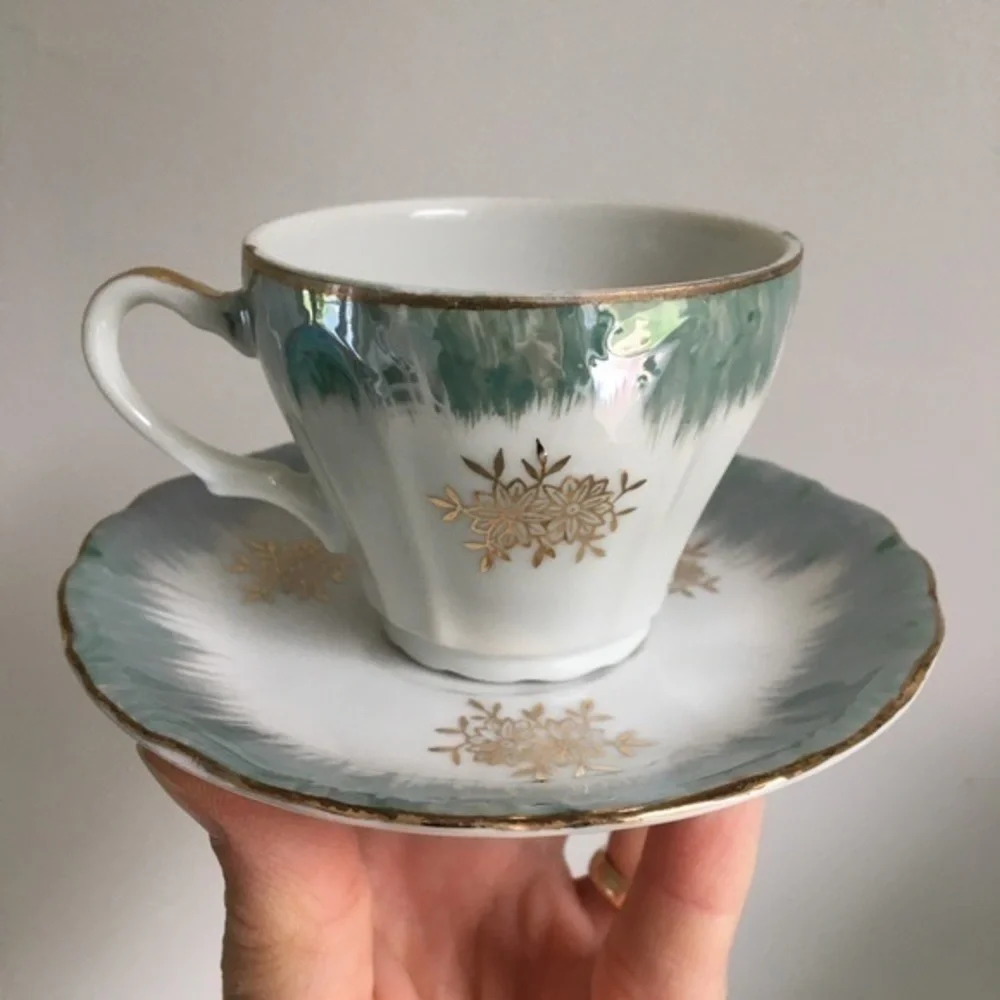 Vintage Demitasse Cups and Saucers Blue & White w/ Gold Trim Accents Set of Two
